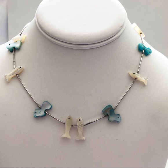 Southwestern Mother of Pearl Fish and Bear Fetish Sterling Silver Necklace - Picture 2 of 8